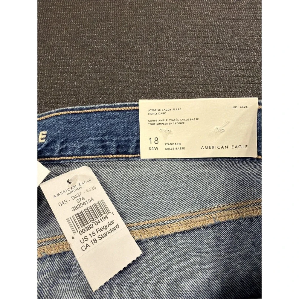 New American Eagle Dreamy Low-Rise Baggy Flare Simply Dark Raw Hem Jean 18 34W - Picture 4 of 9